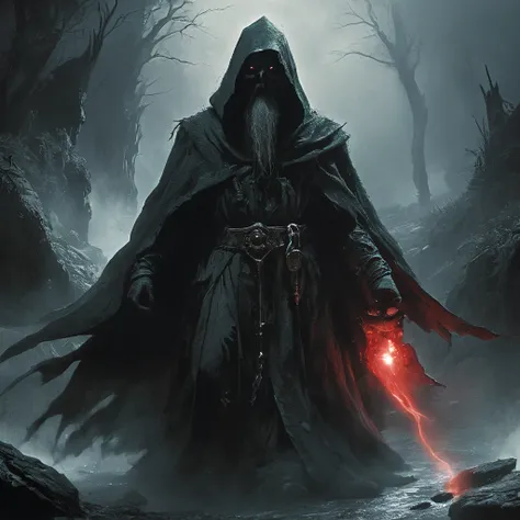 "A chilling scene of an old, mysterious wizard shrouded in a tattered, dark hooded cloak, walking through a fog-laden mountain village under dim, eerie twilight. His face is hidden deep beneath his hood, but a sinister aura surrounds him, casting long, omi...