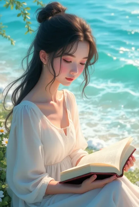 Beautiful girl reading a book on the seashore 