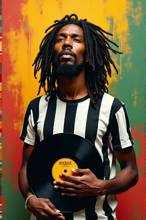 Rastafari human body worn vertical striped black and white t-shirt holding a track written Reggae