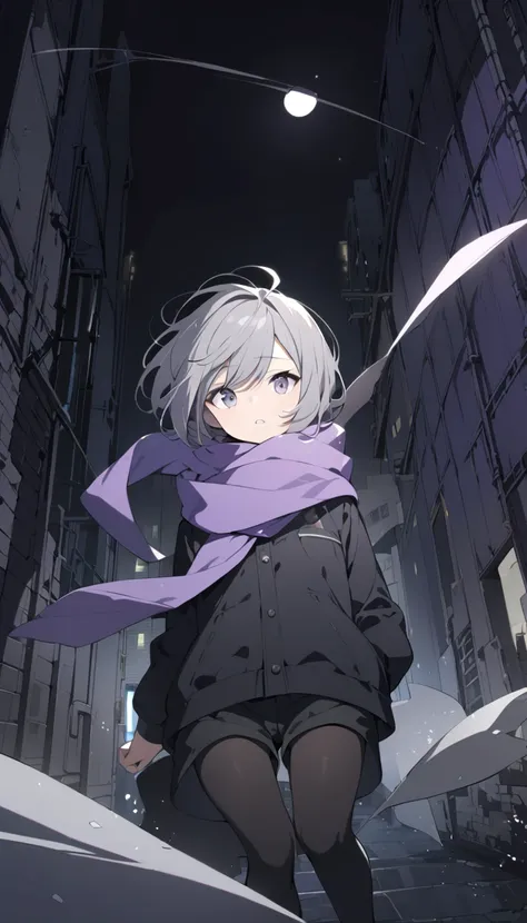 Gray short hair， girl，Small tiger teeth， purple scarf wafting with the wind ， BLACK JACKET ， black shorts ， look indifferent， thick black pantyhose ， Black Boots，Black purple wings ，Alley at night，Backlight，Overlooking， in the church at night