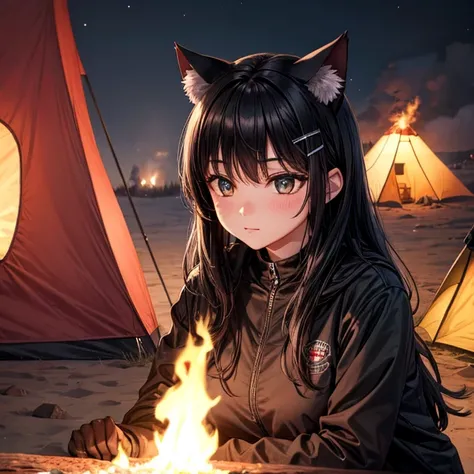 Cat ears　Black Hair　Camping　night　Bonfire　The tent in the back is on fire　torch　Molotov cocktail