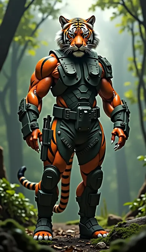  A hybrid creature that combines characteristics of a tiger A Tiger and a Soldier.  She has the powerful and muscular body of a tiger ,  covered by an orange coat with black stripes ,  but is in an upright position , like a human soldier .  She wears sturd...