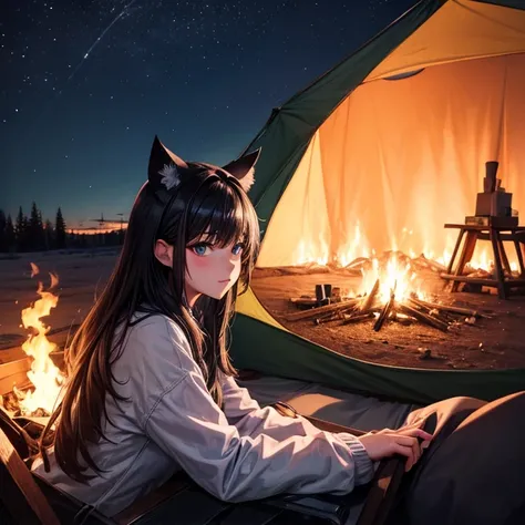  girl with cat ears 　Black Hair　Camping　night　Bonfire　The tent in the back is on fire　torch　Molotov cocktail