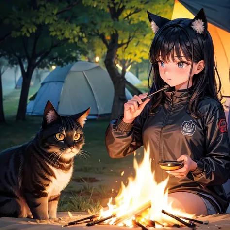  girl with cat ears 　Black Hair　Camping　night　Bonfire　The tent in the back is on fire　torch　Molotov cocktail