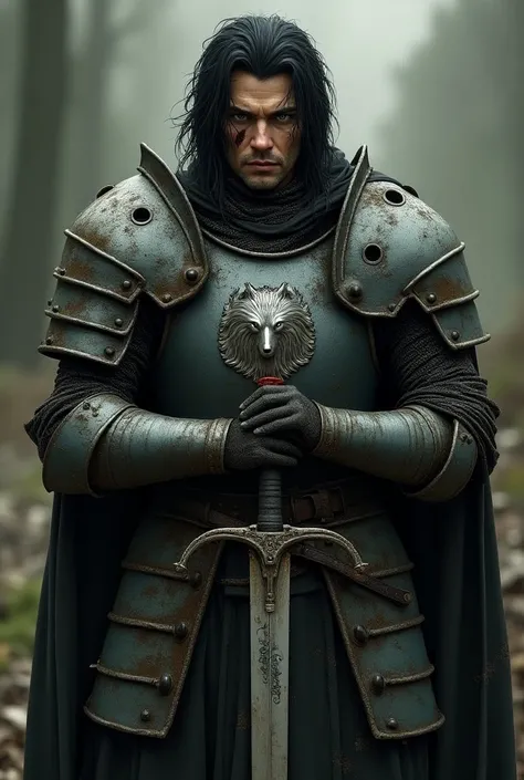 Make a medieval knight with long, messy black hair and green eyes , Her armor is decayed and with parts missing she has a silver wolfs coat of arms on her armor and holds a sword with her right hand the eyes of this rider are gray and he has a scar on his ...