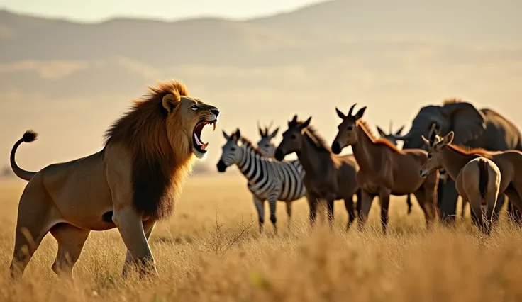 A dramatic scene in the wild, with a lone lion standing on one side, its mouth wide open in a fearsome roar. The lion’s powerful stance and golden mane shine as it fiercely roars at a group of herbivores on the other side, which include zebras, Giraffe,Ele...