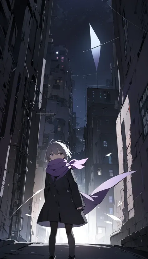 Gray short hair， girl， purple scarf wafting with the wind ， BLACK JACKET ， black shorts ， look indifferent， thick black pantyhose ， Black Boots，Black purple wings ，Alley at night，Backlight，Overlooking， in the church at night