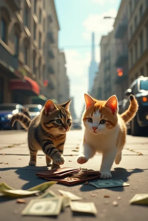 Two cats find a wallet of money while walking down the street.