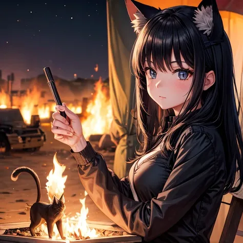  girl with cat ears 　Black Hair　　night　Bonfire　The tent in the back is on fire　torch　Molotov cocktail