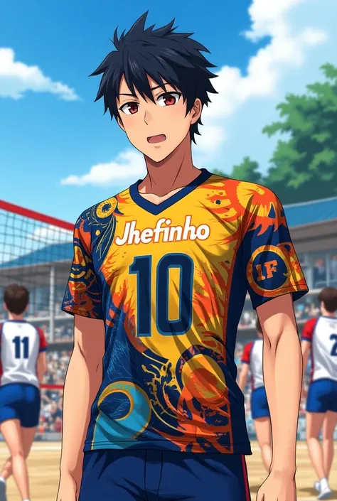  make an image 

Haikyuu anime volleyball regatta  ( shirt )  
With the numbering "10"
with the name Jhefinho 
( front and towards )