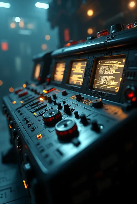 A close up shot of complex and futuristic control panel with glowing screens displaying cryptic messages in a dark, gritty sci-fi setting 