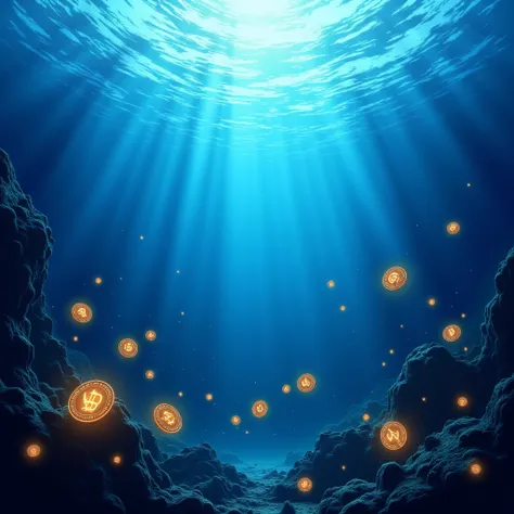 SEA BACKGROUND IN THE FAR, WITH bitcoins BACKGROUND WITH bitcoins IN THE SEA

