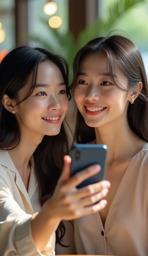 Create a realistic image with 9:16 aspect ratio depicting  "A scene showing a beautiful Asia woman closely observing another beautiful Asia woman as she takes a selfie. The first woman then tries to mimic the pose, angle, and expression exactly. The settin...