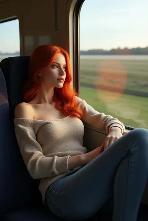  An attractive and slim redheaded Milf , 18 years old,  sits on the train and looks out the window ,  as the landscape passes by .  She is wearing a cuddly sweater and tight jeans,  who wears her hot hourglass figure with big breasts  (Cup size C) and a bu...