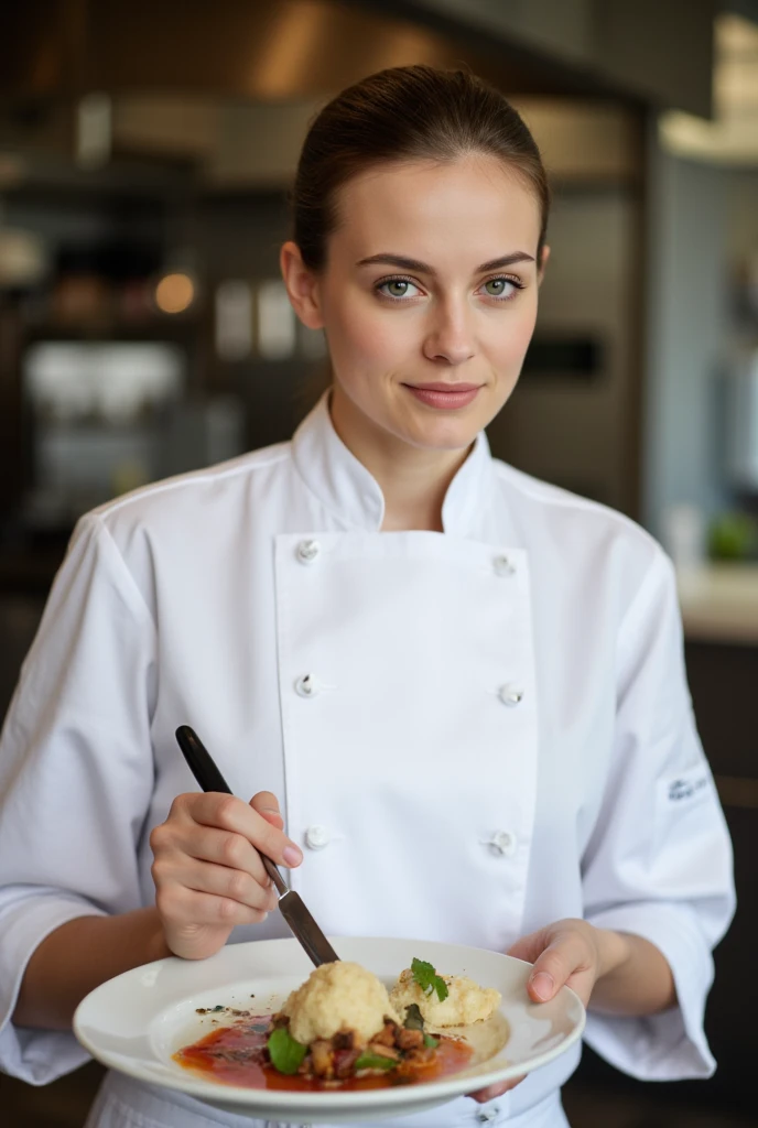 Imaginez une jeune femme au regard intense et pétillant, reflétant sa passion pour la gastronomie haut de gamme. Elle porte une toque élégante, ajustée sur ses cheveux soigneusement coiffés, et une veste de chef légèrement cintrée qui combine le profession...