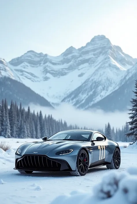 Aston Martin in front of Christmas Mountain with the number 11