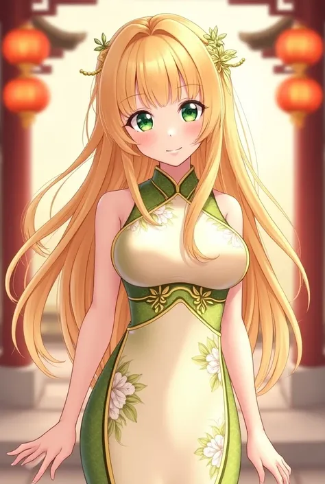 DIGITAL ILLUSTRATION OF ANIME GIRL CHARACTER CUTE  BLONDE LONG HAIR GREEN EYES CUTE SMILING SWEET FACE MATURE BIG BREASTS WEARING CHINESE DRESS CHINESE BACKGROUND