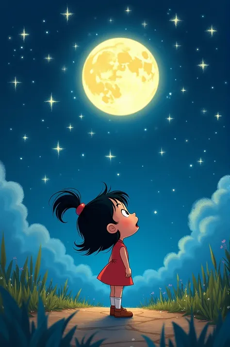 Cartoon of Little Lulu looking up at the sky on a moonlit night with bright stars. 