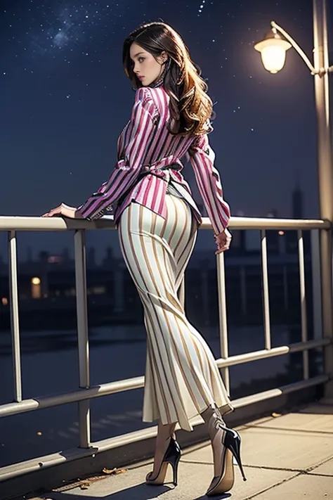 ((masterpiece)),(((Best Quality))), thin thighs,Long legs,(Full Body Portrait)，( one woman:1.2),( silk pantyhose and high heels:1.3),(colorful striped blazer jacket with silk blouse and long skirt and long skirt:1.4)、( backshot、look back:1.2)、 big breasts ...