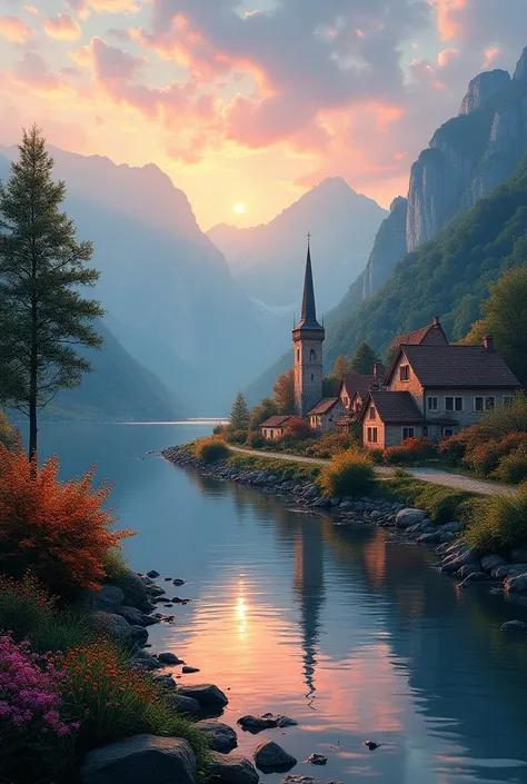 a small village by the river, mountains in the background, floral flowers colorful, detailed landscape, Beautiful natural landscapes, atmospheric lighting, scorching sunset, warm colours, practical, photopractical, Detailed Foliage, complex buildings, cobb...