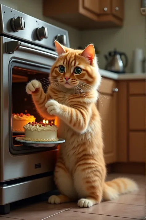 Generate a high quality realistic image:An orange cat put away to a routen white cream cake into the oven 