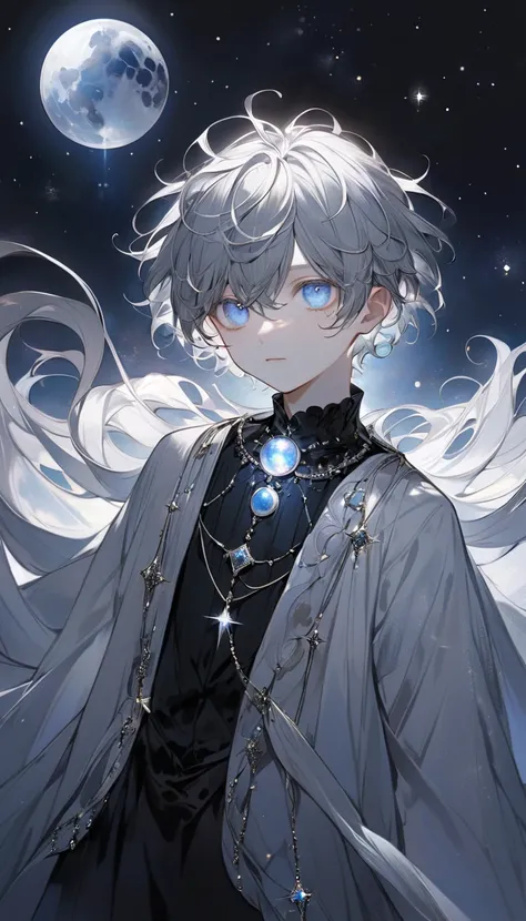 A boy named Thomas. His hair is as black as night，Curious eyes shine like distant stars。. But what really caught everyones attention was the jewelry he wears on his neck : A small silver moon.  This mysterious satellite is made of bright and delicate mater...