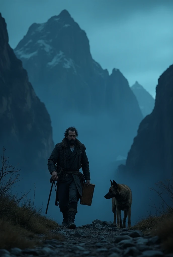 A man walking in the dark mountain holding Latin with dog 