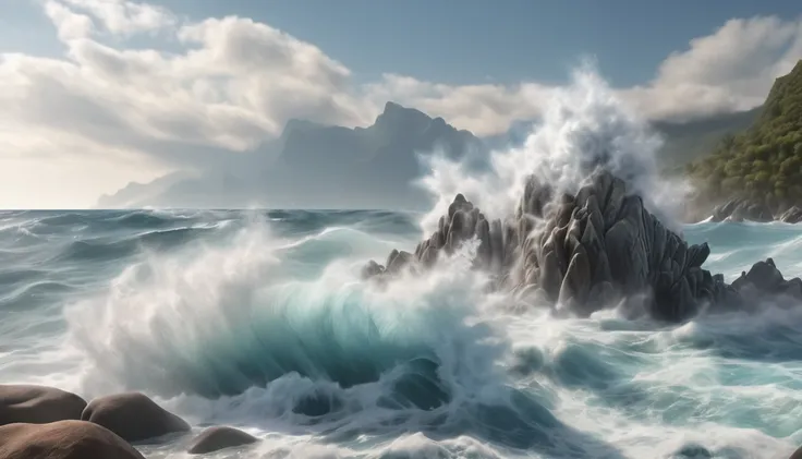 Waves are crashing against the nearby large rocks like waves, the spray is scattering, and the mountains in the distance are blurred.Delicate, Photography, 3D

