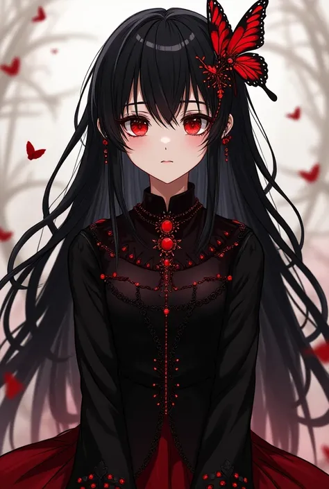  expressionless face ,,( dark fantasy ),((Wonderful illustrations)),(Details splash ), Long black hair, Red pupil, girl,  pure black dress , Only the collar, The cuffs and skirt are dark red ,  There is a red butterfly hairpin on the side of the ear, maste...