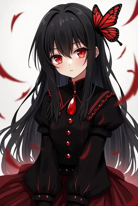  expressionless face ,,( dark fantasy ),((Wonderful illustrations)),(Details splash ), Long black hair, Red pupil, girl,  pure black dress , Only the collar, The cuffs and skirt are dark red ,  There is a red butterfly hairpin on the side of the ear, maste...