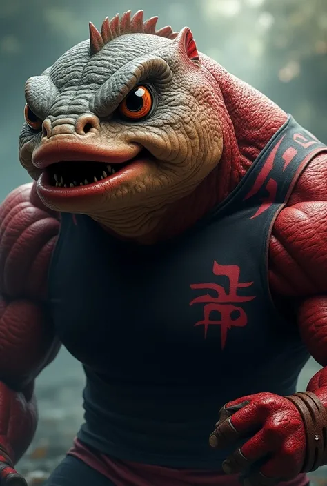 Create for me a well-defined mascot, of a well-defined and bottomless  , strong and muscular, with an angry face,  large, flattened head ,  with a greyish brown color and yellow contrasts, wearing a black and red shirt, high resolution image,  fish .