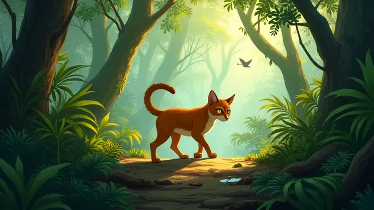 In the deep heart of the jungle, a small, golden-eyed cat named Lila prowled alone. She was no ordinary housecat; she was a jungle cat, with soft tawny fur and silent paws that slipped through the underbrush without a sound. The sun filtered in patches thr...