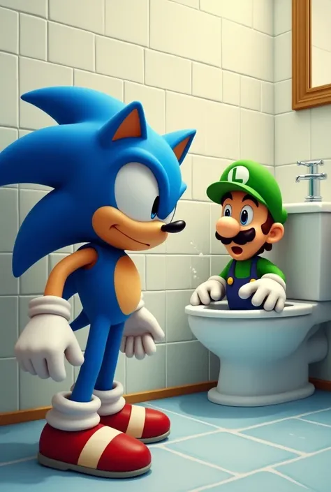 Sonic see a butt and Luigi inside of toilet￼