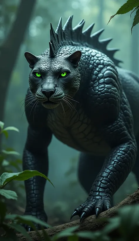 A crocodile mohawk-panther hybrid with the tough, armored body of a crocodile and the sleek, powerful frame of a panther. Its mohawk is jagged and sharp, made of dark, metallic scales that glisten in the moonlight. The creature’s glowing green eyes pierce ...