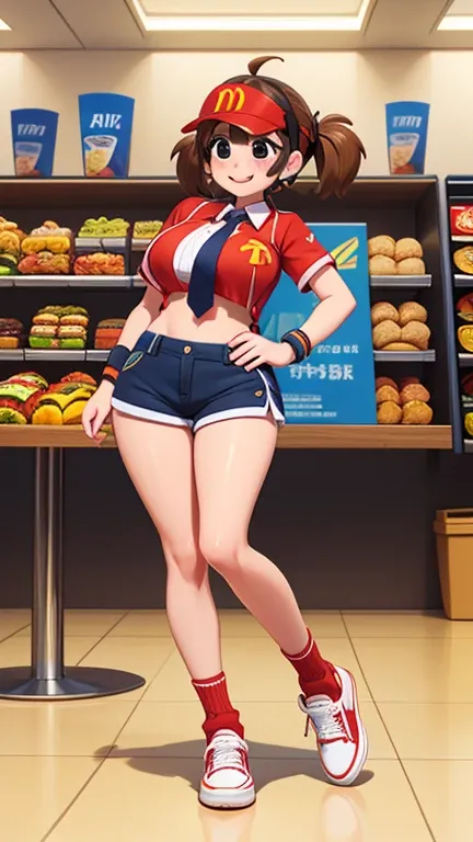 1girl, 8k, cowboy shot, dabuchi_tabemi, visor cap, headset, blush stickers, collared shirt, employee uniform, blue shorts, blue necktie, wristband, socks, red footwear, sneakers, (solo), black eyes, happy smiling, light brown hair, big breast, round asss, ...