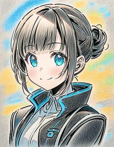 (( style :Colored pencil,Light color)), 1 girl, Black Hair,long hair,See the listeners,  hair up to the shoulders　　　アニメ style 　 Journalist 　 simple background　reporter　smile　suit