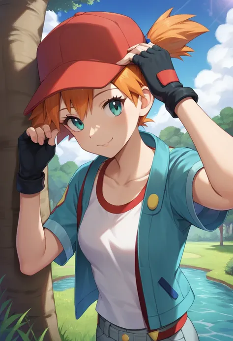 (masterpiece, highres, best quality:1.3), outdoors, hat, gloves, solo, aqua eyes, fingerless gloves, closed mouth, day, eyelashes, 1girl, misty (pokemon), cosplay, blue jacket, grass, short hair, short sleeves, red headwear, black gloves, jacket, sky, pant...