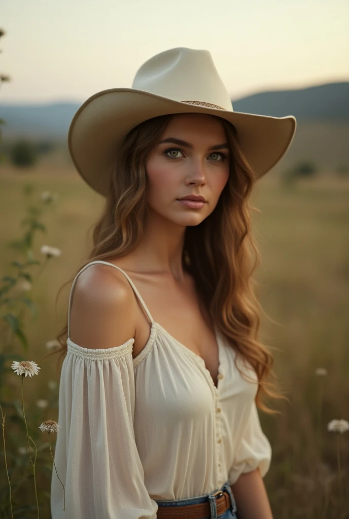 A secluded portrait in the foreground of a woman wearing a cream-colored ranch hat