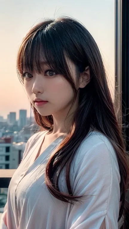  A beautiful portrait of a Japanese woman staring at the city at dawn 。Long black hair blowing in the morning breeze 、 shining in the first soft sunlight 。With a calm expression、 gentle eyes quietly staring at a distant city 。 wearing simple and elegant cl...