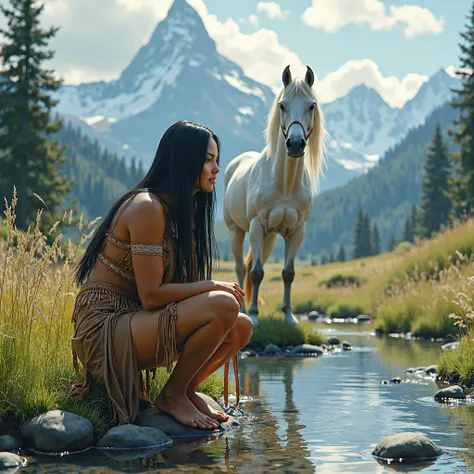 Woman, long straight black hair, Native American, squatting near a river, behind her is a beautiful white steed, and mountains in the background