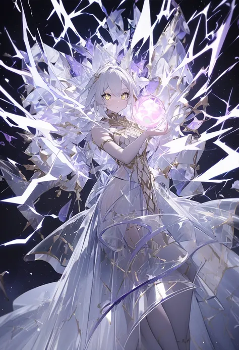 ((masterpiece，  best quality))， Thunder Elemental Magician ， pure white background，lightning，Lightning Ball ， Detailed Facial，whole body，High heel， Perfect Body Proportion ， sparkling eyes ，Sexy，purple and golden，hoodie， petals falling，Extremely beautiful，...