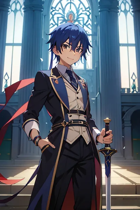 man, adventurer costume with a long sword , standing in front of a building, smiling, young anime, handsome anime man, inspired by Okumura Masanobu , inspired by Okumura Togyu, okata kazuto, anime boy,  soft anime cg art ,  tall anime man with blue hair wi...