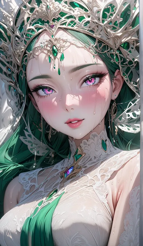 8k,masterpiece,Best Quality,Super detailed,  An Extraordinary Beauty , Blushed face,  Seductive Expression, white lace dress, ( emerald green semi-long hair), (dark blue and pink heterochromic eyes ), Glossy lips,  viewers, Sweaty skin