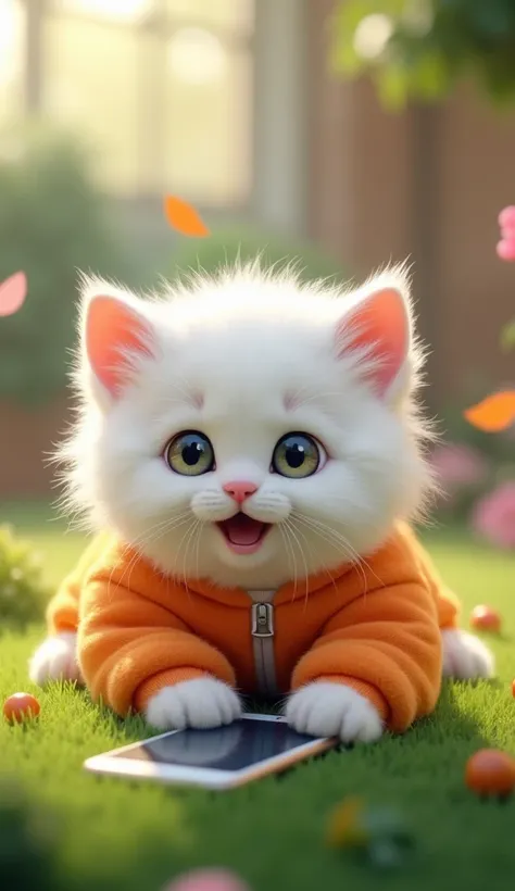 A very cute modern white furry kitten smiling, (wearing an orange jumpsuit made of fur) lying on the grass, looking curiously at a mobile phone, lying nearby, in the background, a lively outdoor scene.