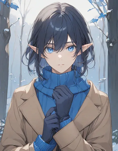 Elf,Black hair, in blue eyes,Blue sweater,Brown coat,Put on gloves,