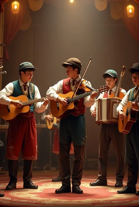 The boys music band with different  traditional music instruments like guitar violine cargone 