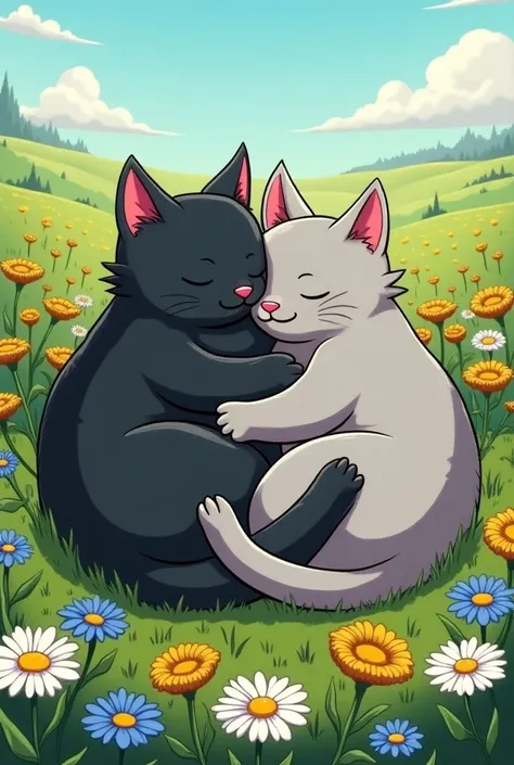 A black fat cat lies hugging a gray fat cat in a meadow where daisies and cornflowers bloom in the style of the Simpsons