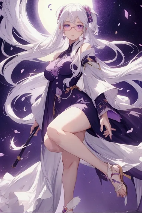  Beautiful anime style girl with white hair, seeds, length to feet ,  purple eyes, round glasses