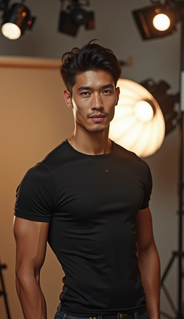 (photorealism:1.2), Handsome japanese man, 25-30 year-old, fashion model, wearing sexy top, relaxed pose, taking photo in the studio, realistic, intricate details, warm colors