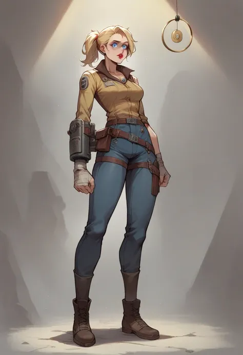 Sarah lyons (fallout 3), brotherhood of steel, female, 26 years old, blonde hair, ponytail, blue eyes, fair skin tone, athletic build, red lipstick, medium sized breasts, full body, pendulum, hypnotized, spiral eyes, hypnotized by pendulum